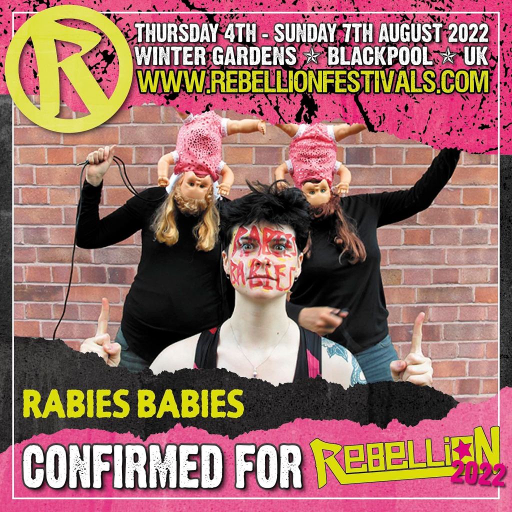 We're playing at Rebellion Festival flyer with picture of Rabies Babies.