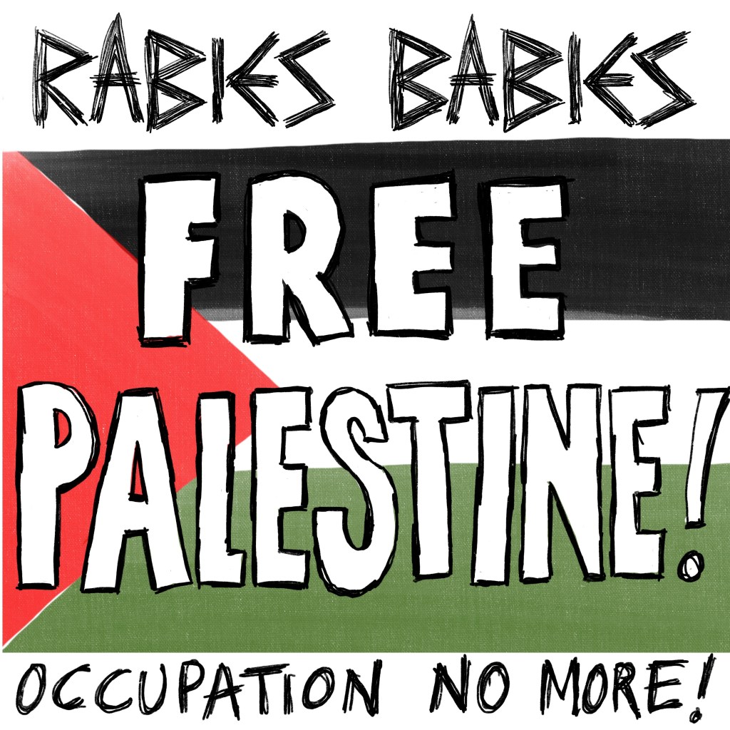 Image of Palestinian flag with the words FREE PALESTINE! OCCUPATION NO MORE!